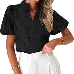 Women’s Summer Short Sleeve Puff V Neck Casual Top